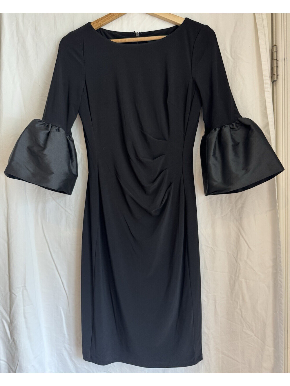 Lauren Ralph Lauren Black Ruched Sheath Dress Scoop Neck Bell Sleeve Zip 2